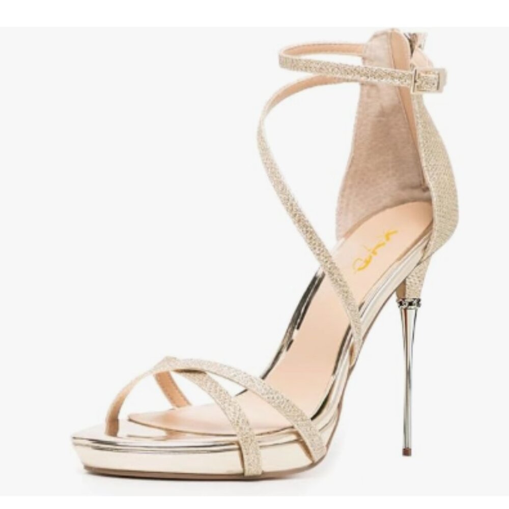 XYD Gold Platform High Heels Glitter Open Toe Strappy Back Zip Sandals
